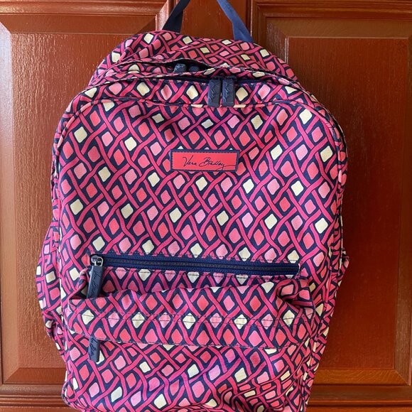 Retired Large Vera Bradley Canvas Backpack Pink Navy Blue 4 Pockets H2O … - Picture 14 of 16